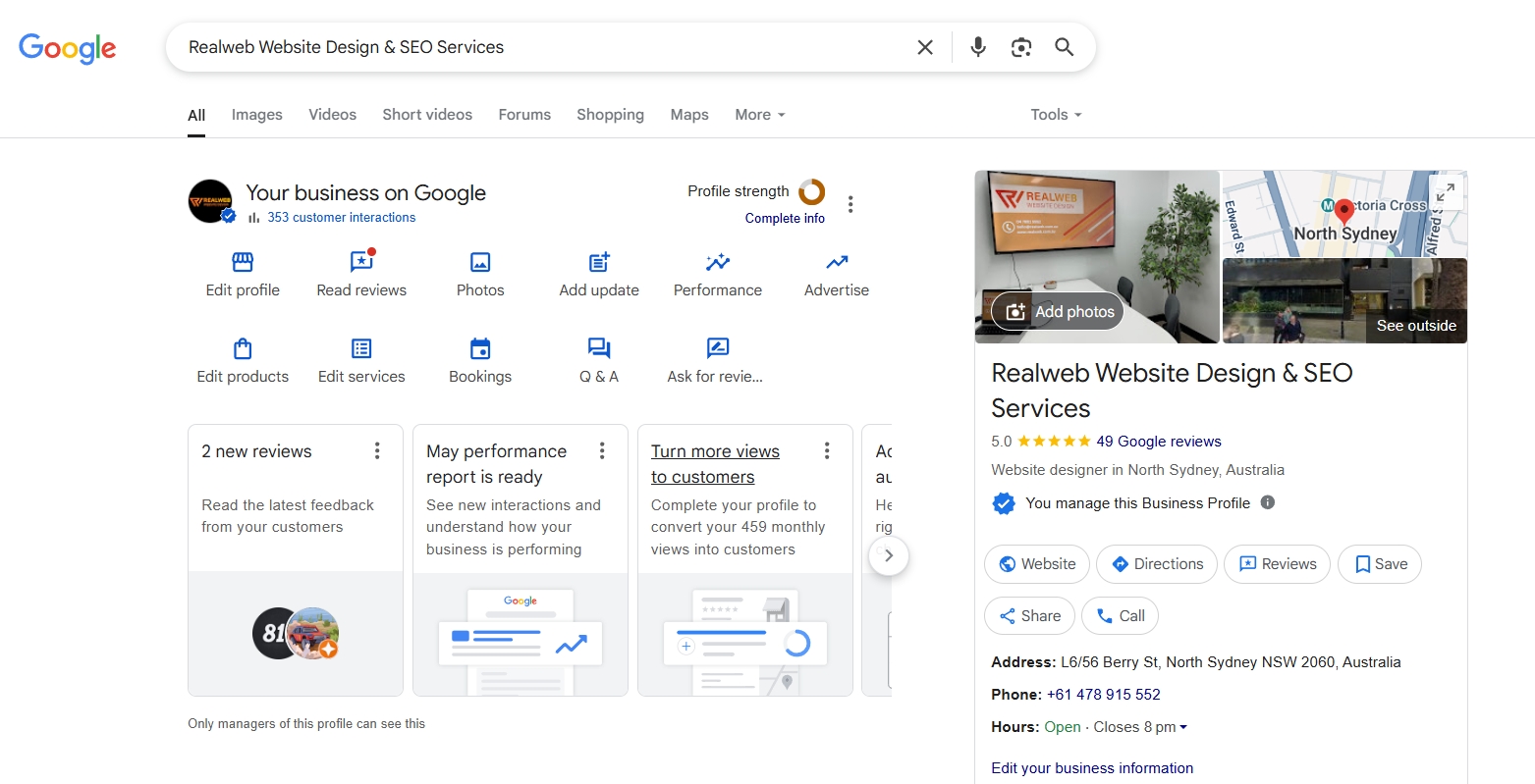 A Google Business Profile shown in local search results.